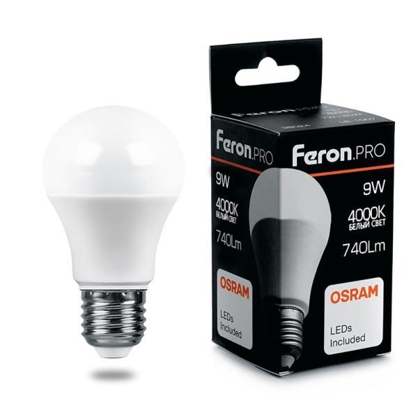 Лампа светодиодная, (9W) 230V E27 4000K A60, LB-1009 Feron