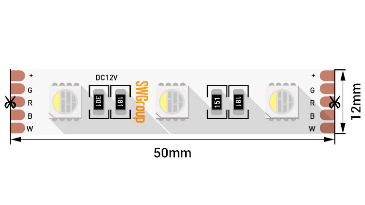 Лента светодиодная стандарт 5050, 60 LED/м, 19,2 Вт/м, 12В , IP20, Цвет: RGB + нейт. ЗМ (1метр) SWG