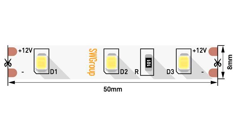 Лента светодиодная стандарт SMD2835 60LED/м 6,3Вт/м 12В IP20 Цвет: Нейтральный белый, 3М SWG