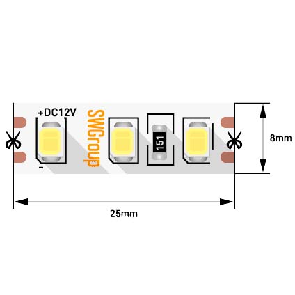 Лента светодиодная 2835, 120 LED/м, 9.6 Вт/м, 12В , IP20, Цвет:Холодный белый, CE, 3М (1метр)