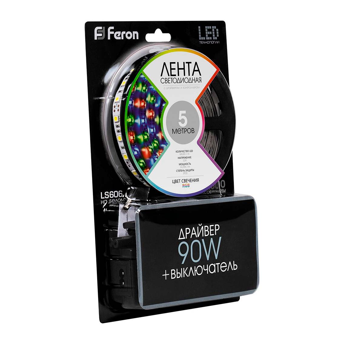 Cветодиодная LED лента LS606, 60SMD(5050)/м 14,4Вт/м 5м IP20 12V RGB Feron 