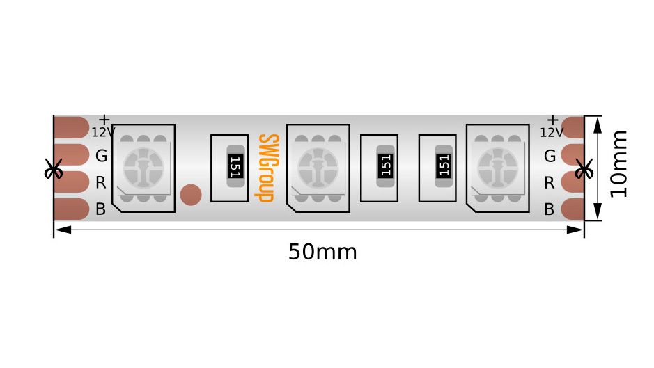 Лента светодиодная стандарт SMD5050 60LED/м 14,4Вт/м 12В IP66 Цвет:RGB (1метр) ЗМ SWG