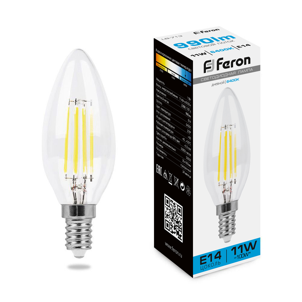 Лампа светодиодная (11W) 230V E14 6400K прозрачная, LB-713 Feron 