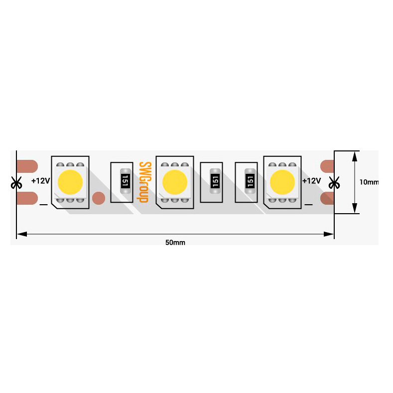 Лента светодиодная стандарт SMD5050 60LED/м 14,4Вт/м 12В IP66 Цвет: Теплый белый ЗМ (1метр) SWG