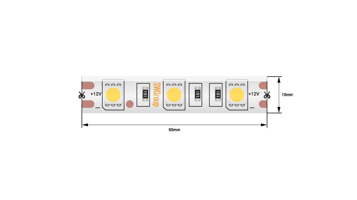 Лента светодиодная стандарт SMD5050 60LED/м 14,4Вт/м 12В IP65 Цвет:Желтый (1метр) 3М SWG