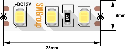 Лента светодиодная стандарт SMD2835 120LED/м 9,6Вт/м 12В IP66 Цвет:Холодный (1метр) 3М SWG