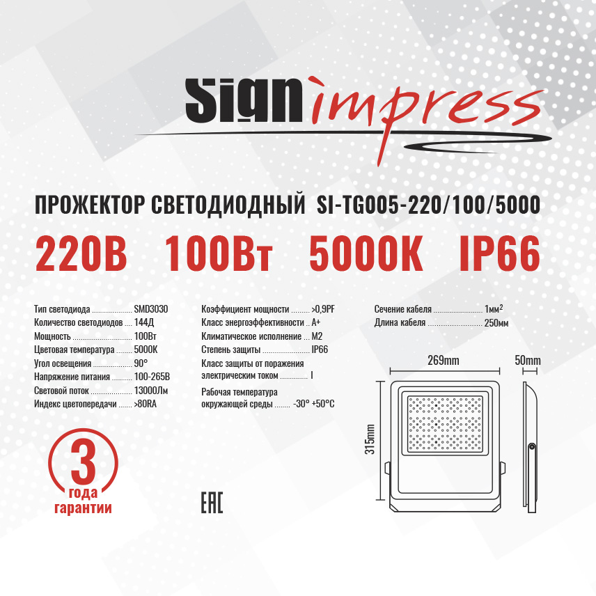 Прожектор светодиодный TG005 220В 100Вт 5000К 144д 90гр IP66 SignImpress