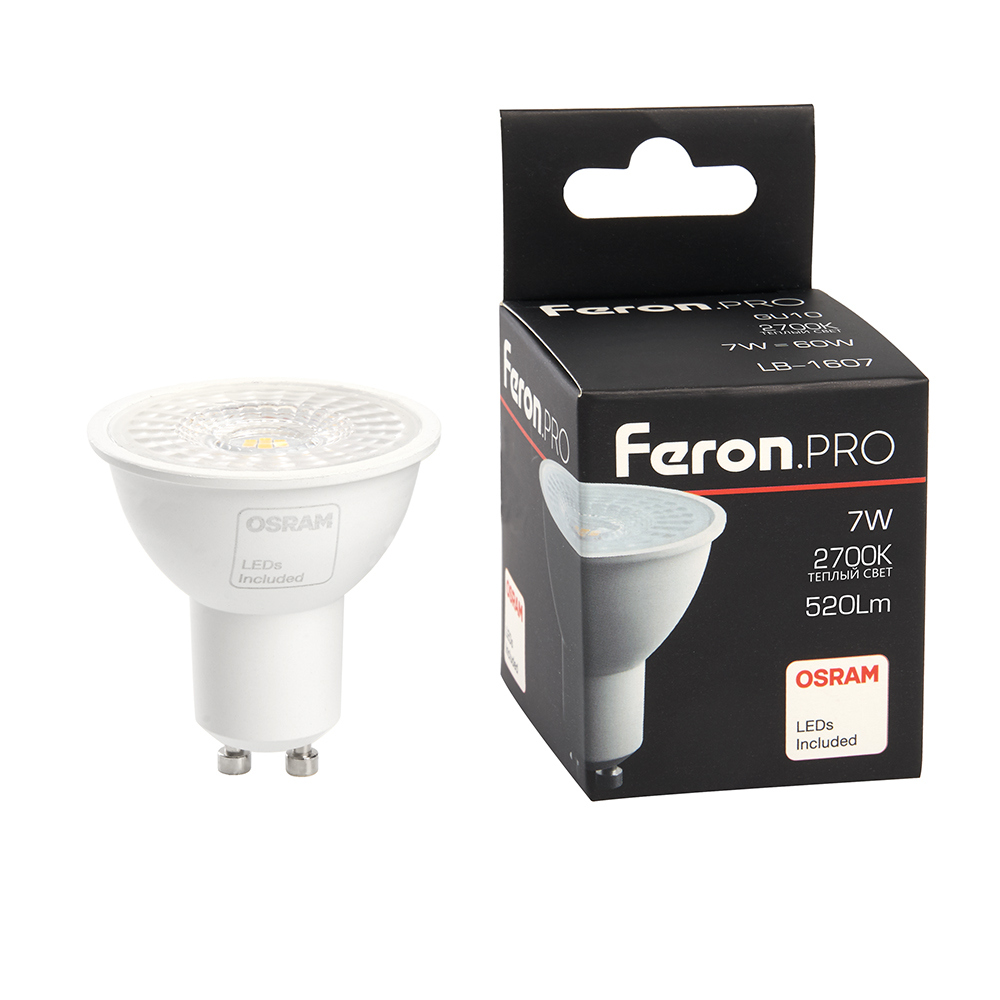 Лампа светодиодная (7W) 230V GU10 2700K MR16 с линзой 110 градусов, LB-1607 Feron