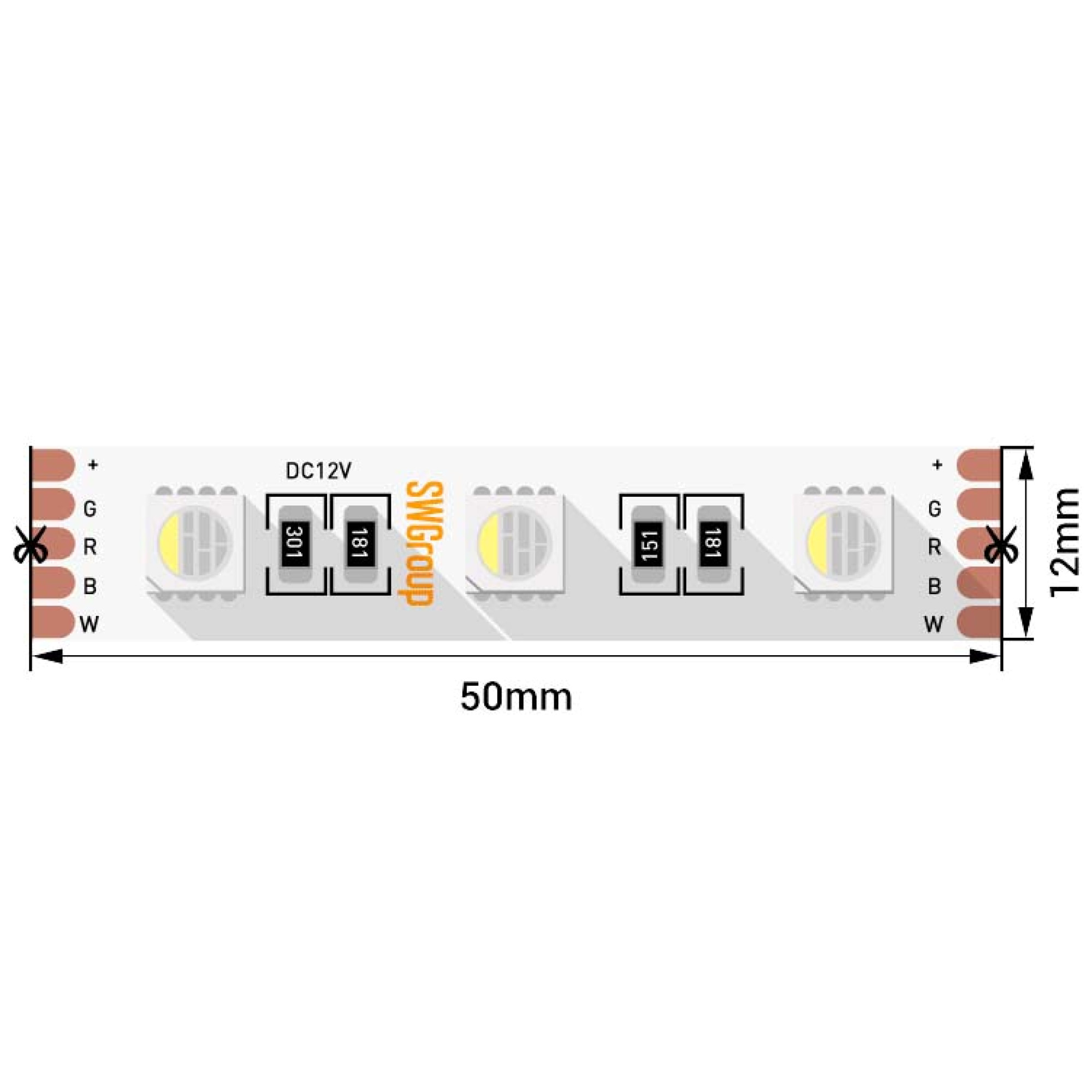 Лента светодиодная стандарт 5050, 60 LED/м, 19,2 Вт/м, 24В , IP20, Цвет: RGB + нейтр. ЗМ (1метр) SWG