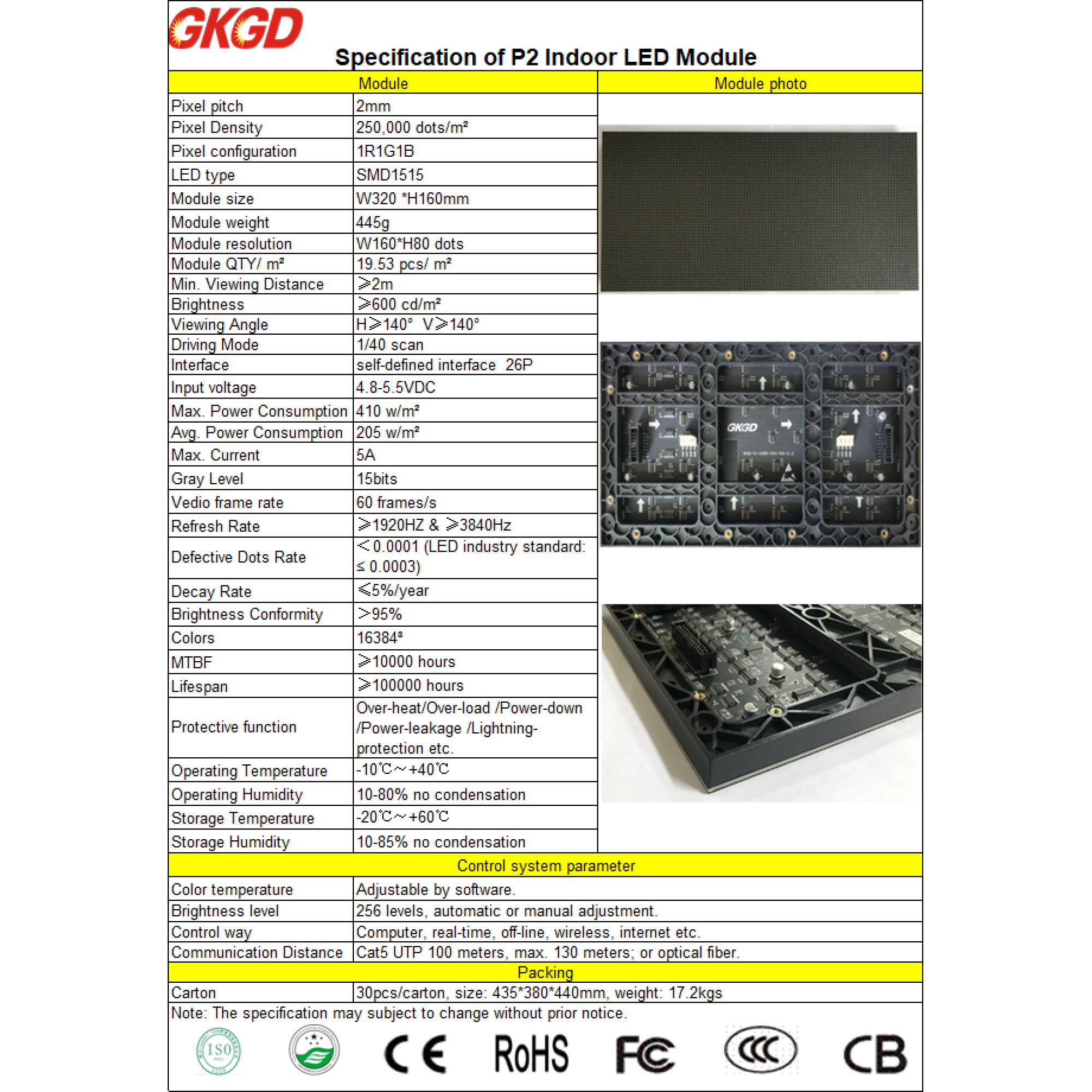 Модуль светодиодный Indoor P2 SMD1515 RGB (320*160mm) CH30D-C007 GKGD