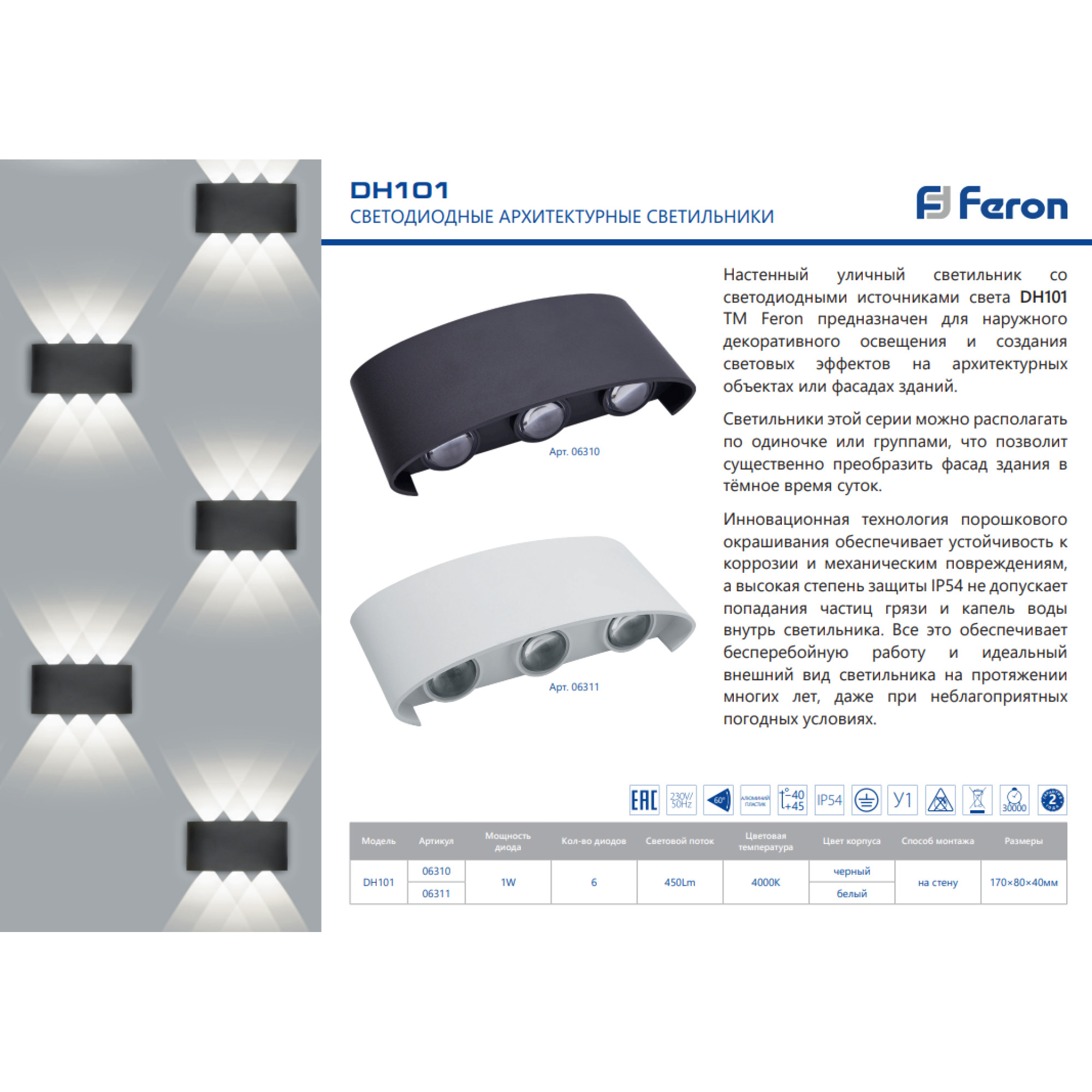 Cветильник настенный декоративный DH101, 6*1W, 450Lm, 4000K, черный Feron