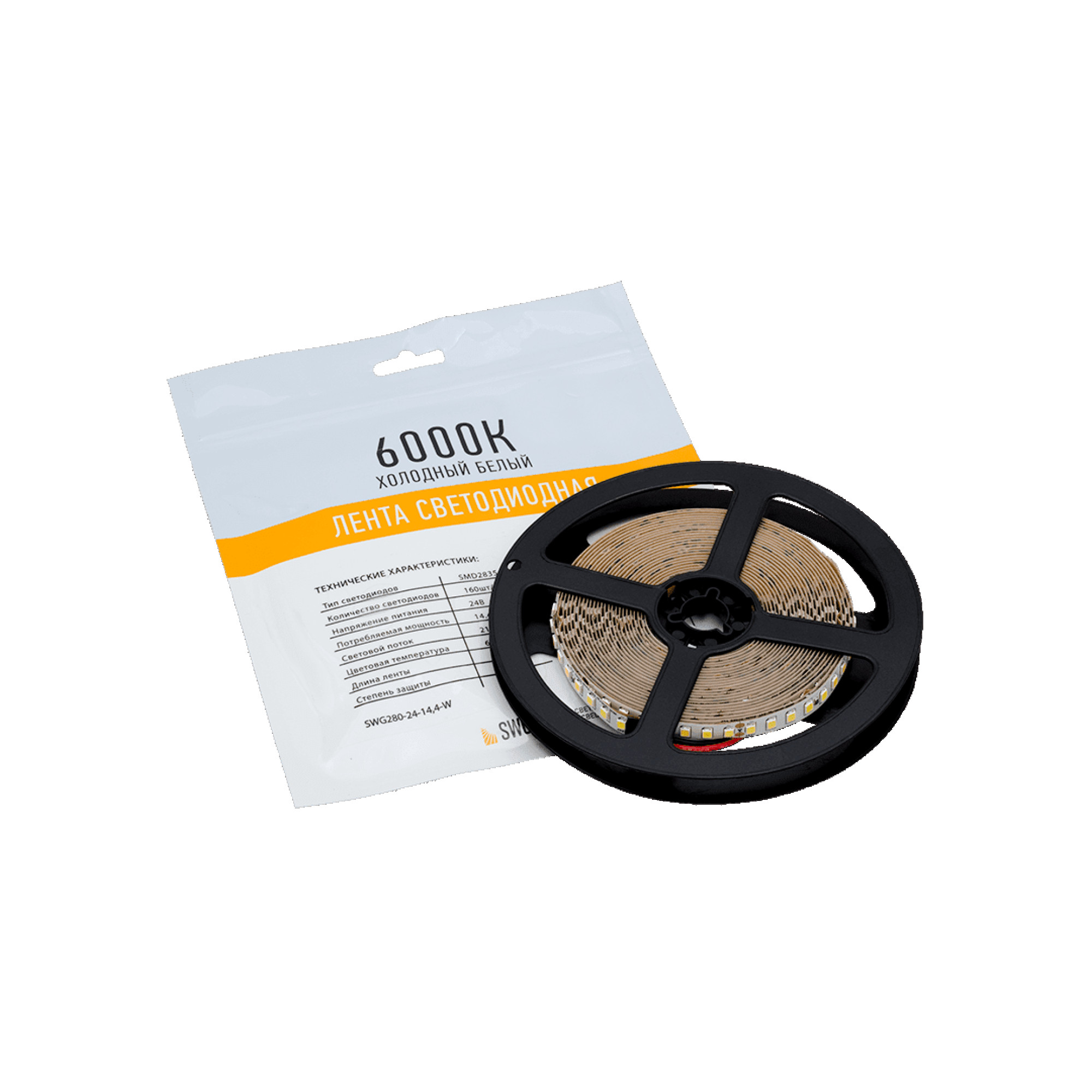 Лента светодиодная ПРО SMD2835 160LED/м 14,4Вт/м 24В IP20 Цвет:Холодный белый (1метр) SWG