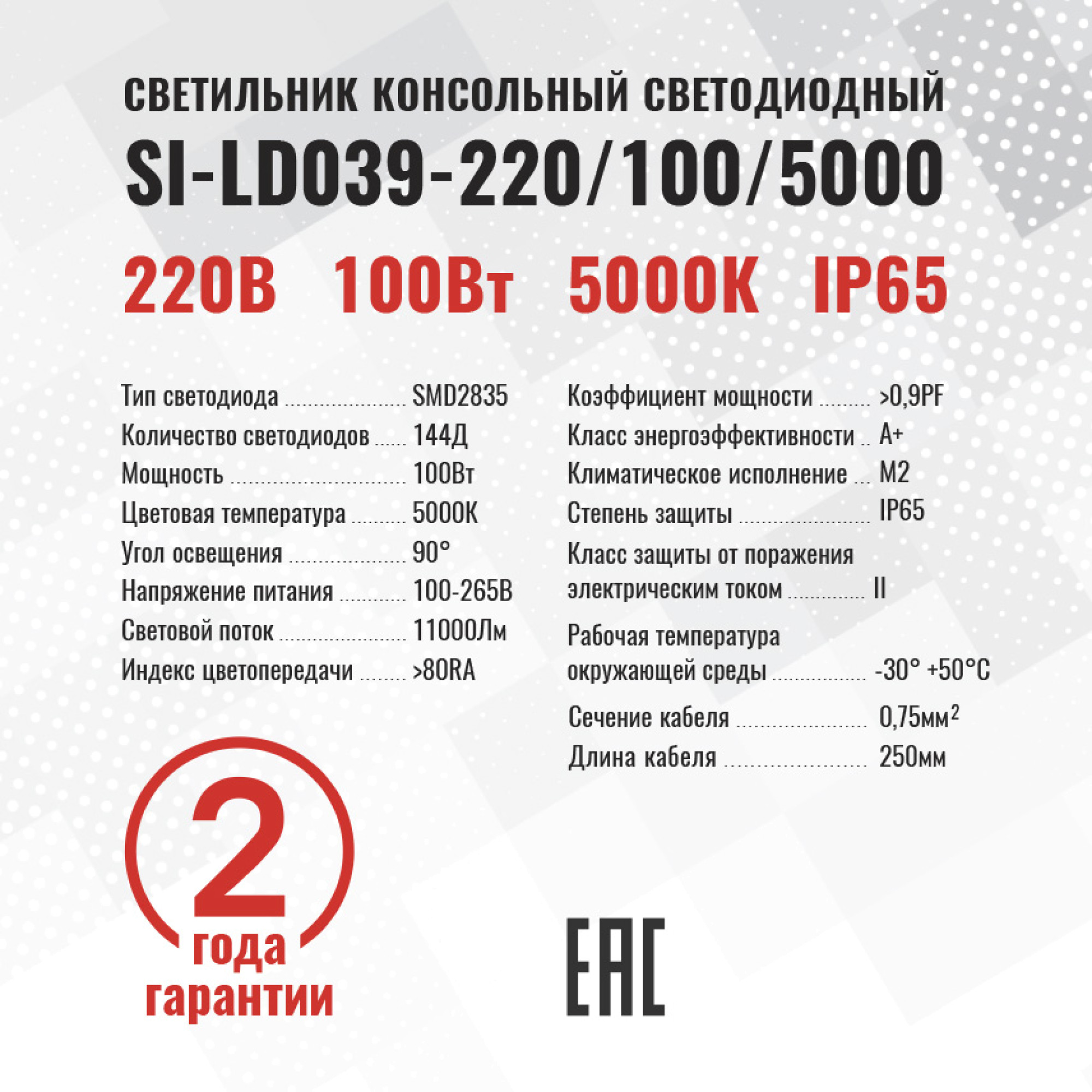 Светильник консольный светодиодный LD039 220В 100Вт 5000К 144д 90гр IP65 SignImpress